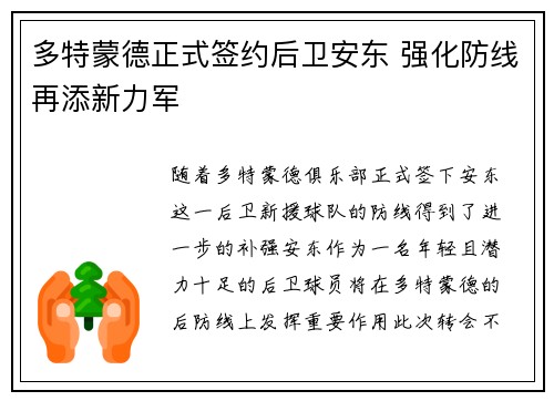 多特蒙德正式签约后卫安东 强化防线再添新力军